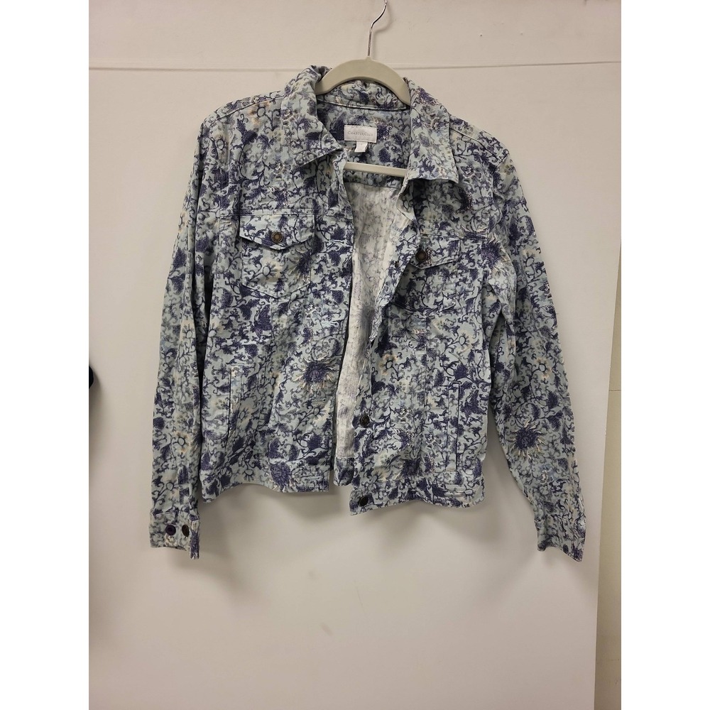 Charter‎ Club Denim Jacket Womens Size L Floral Print Cotton Blend Jean Coat